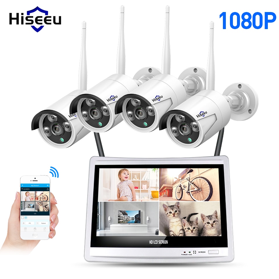 HISEEU 4CH 1080P無線NVR套件12'LCD顯示高清戶外安全2MP IP攝像機視頻監視