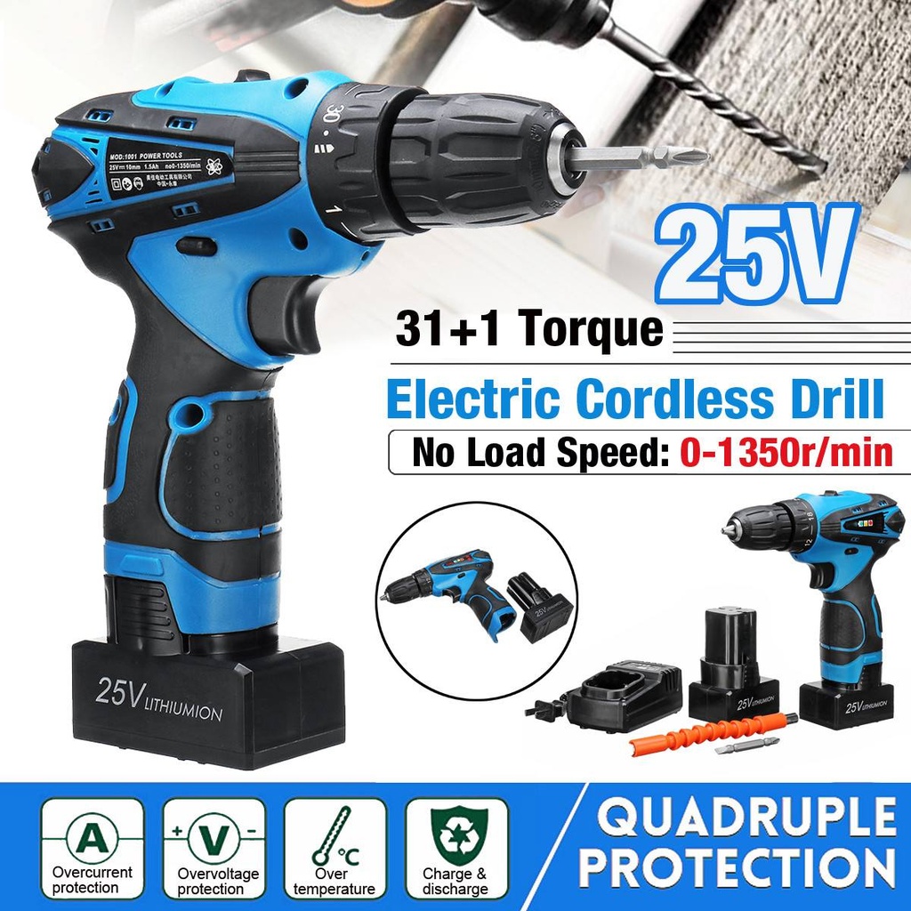 31+1扭矩2速度變化手持電動無線鑽3/8“ Chuck 25V Li-ion電池LED LI