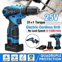 31+1扭矩2速度變化手持電動無線鑽3/8“ Chuck 25V Li-ion電池LED LI