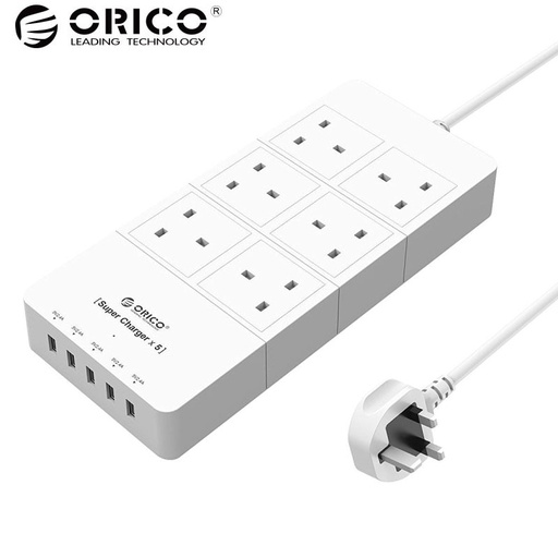 [32462818015-TW] ORICO HPC-6A5U-UK-WH家庭辦公室英國插件USB旅行充電器適配器，帶有6個插座電動條激增