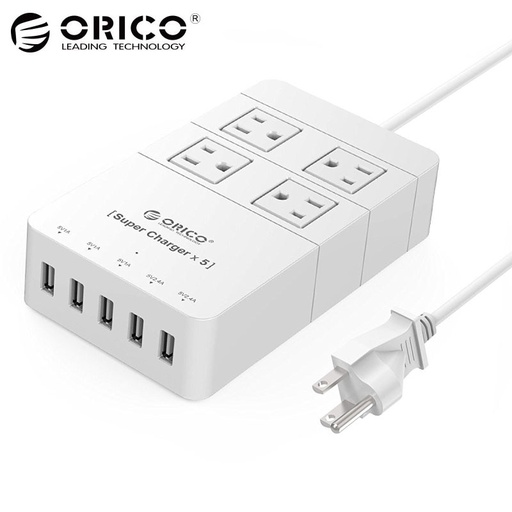 [32806640855-TW] Orico White HPC-4A5U-US 4-OUTLET高功率智能電湧保護插座，用美國插件供Smartphon