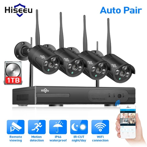 [32812860189-TW] Hiseeu Wireless NVR 1080P高清戶外家庭安全攝像機系統4CH CCTV視頻監視NVR套件