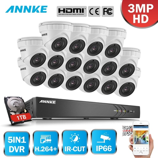 [32949223981-TW] Annke 16CH 3MP HD CCTV系統5IN1 DVR 16PCS 3MP TVI安全件防風雨攝像機室外CCTV